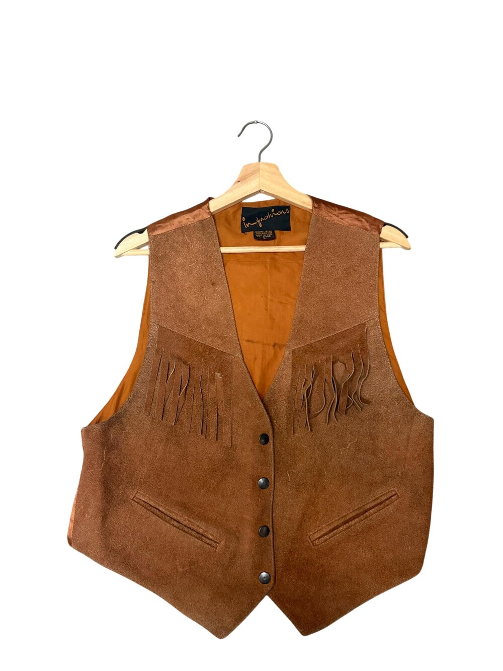 In-Fashions Vest Womens Medium Brown Leather Fringe Vintage Belted Western